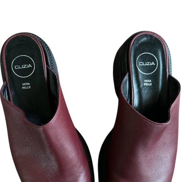 Clizia Leather Burgundy "Sierra" Platform Mules Leather Chunky Platform Size 39 - Picture 5 of 9